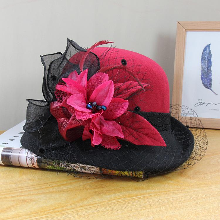 Woolen Hat Women'S Autumn And Winter British Retro Versatile Basin Hat Hepburn Mesh Flower Crimped Top Hat
