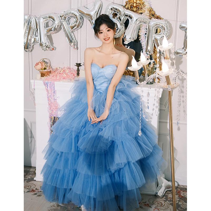 Temperament Tube Top Light Wedding Dress 2025 Question Wedding Dress Blue Birthday Party Indoor Clothing Color Dress
