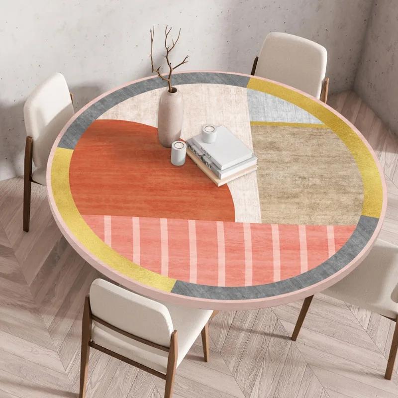 Waterproof Oil-Proof Reusable Tablecloths Round Tablecloth Wood Texture Tablecloths Elastic Fitted Home Round Table Cover