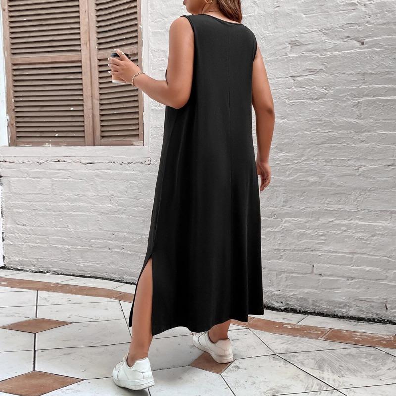 Summer Casual Sleeveless Side Split Dresses for Female Solid Color Dress Women's Square Neck Dress High Waist Black Dress Commuter Fashion Dress