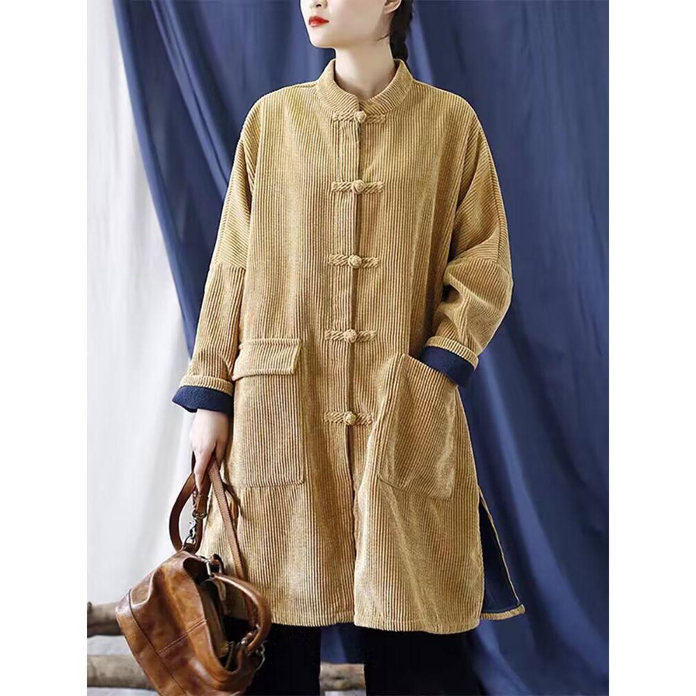 Literarischer Stehkragen Locker und Dünn Mittellange Bluse Winter Scheibenverschluss Dicker Mantel Cordmantel Damenbekleidung