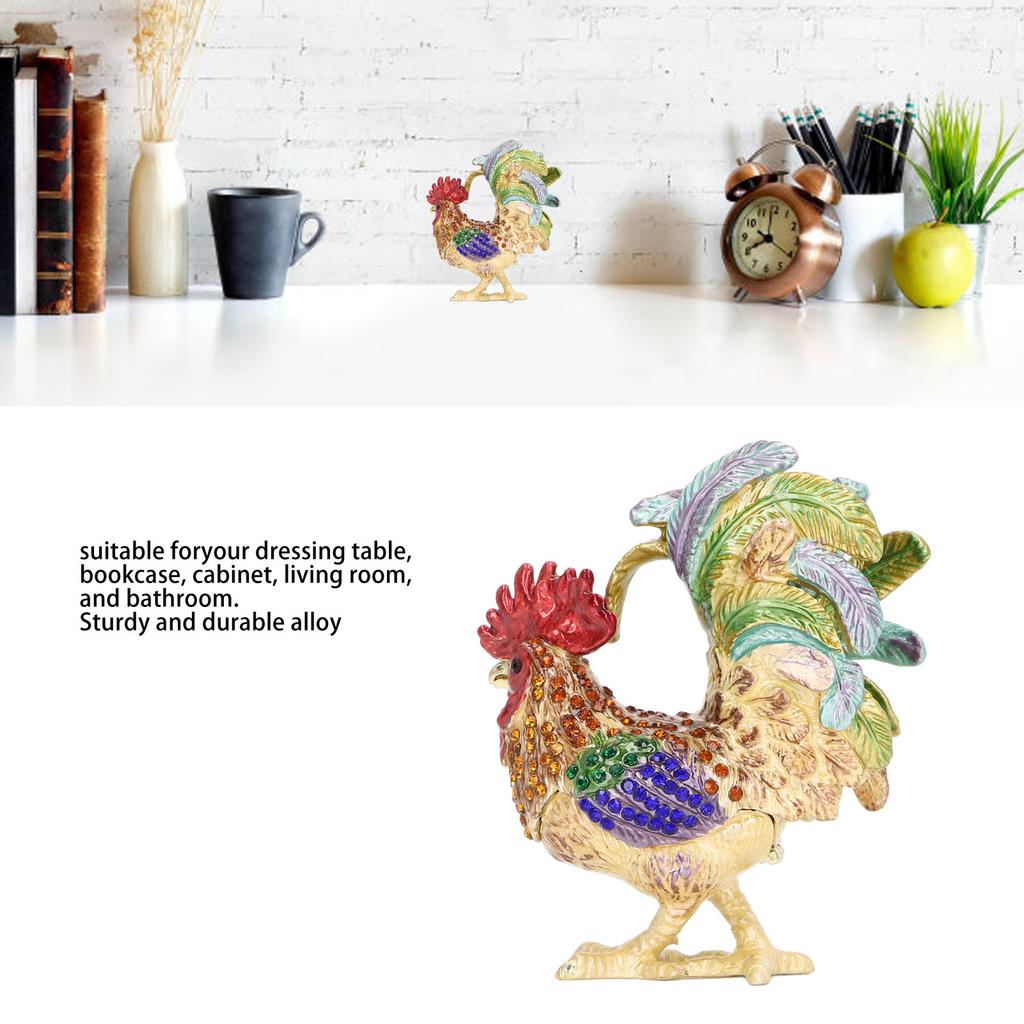 Rooster Trinket Box Embedded Rhinestone Alloy Bright Colors Wide Application Bejeweled Box for Jewelry Dressing Table