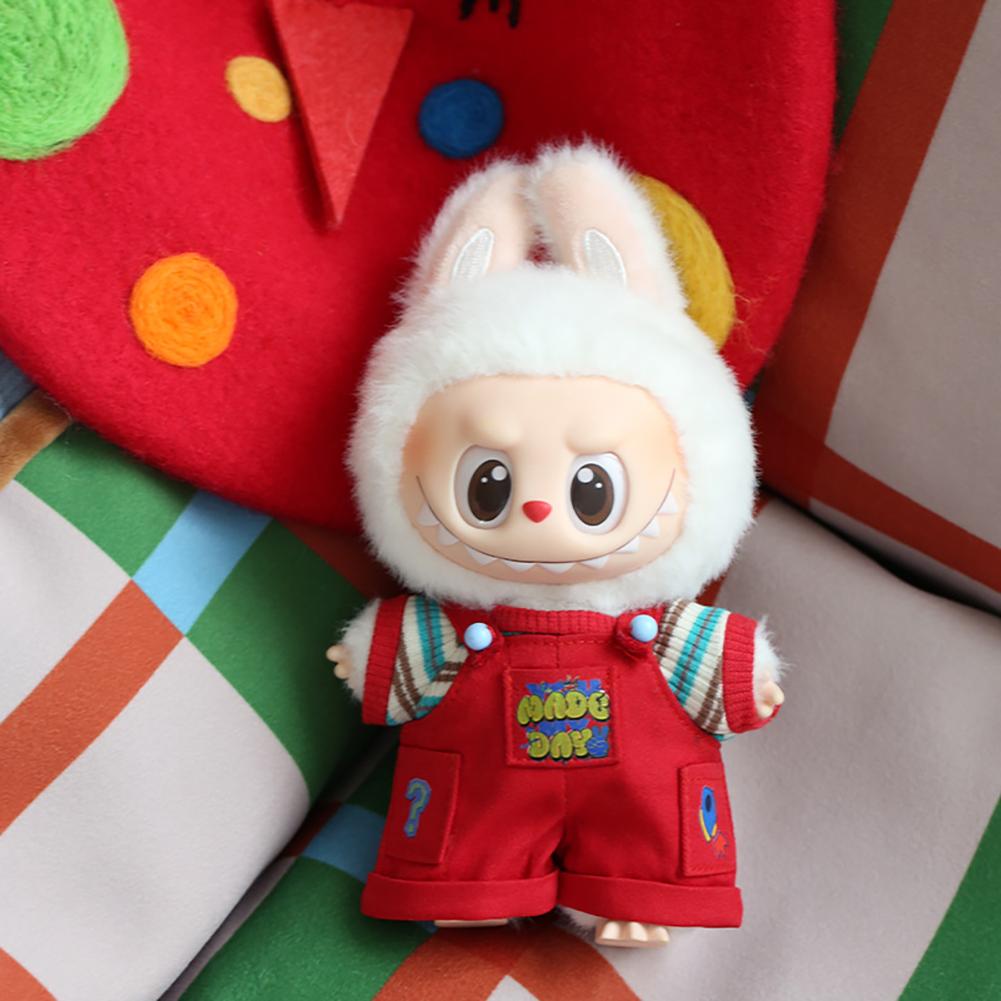 Für 17cm Labubu Puppenkleidung Modekleidung Rote Latzhose Kleidung Farblich passende Hemden Puppenzubehör Niedliche Dekoration Kleine Kleider