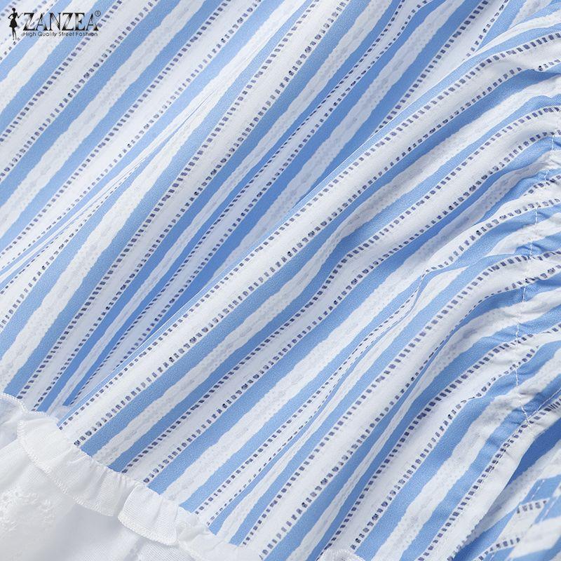 ZANZEA Women V Neck Sleeveless Pleated Striped Lace Hem Casual Tank Tops