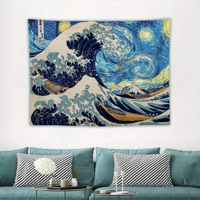 Japanese Ocean Waves Creative Van Gogh Starry Sky Red Sun & Ocean Waves Design Tapestry Wall Hanging Decor Perfect for Bedroom