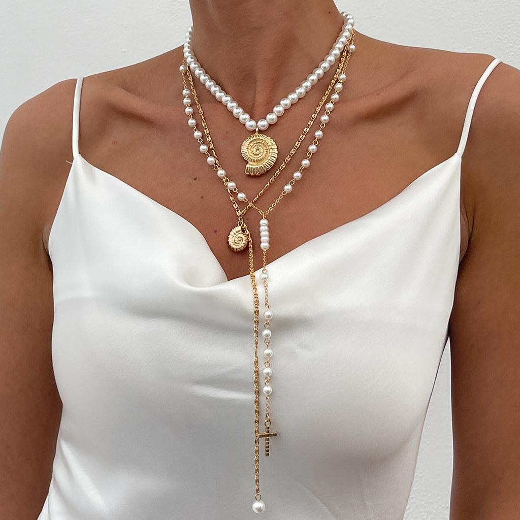 Ingemark Zestaw 3 szt. Boho Metalowy Naszyjnik Choker z Wisiorkiem Muszla Krzyż dla Kobiet Ślubny Elegancki Łańcuszek z Imitacją Pereł Biżuteria Y2K Nowy