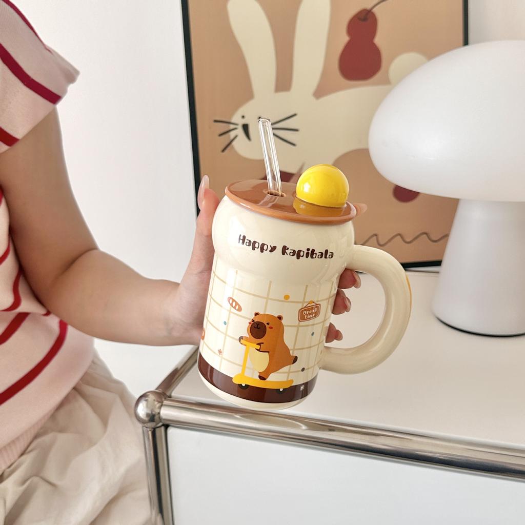 Cute Ceramic Mug with Lid Straw Cup Couple Home Cup Practical Birthday Gift for Girls