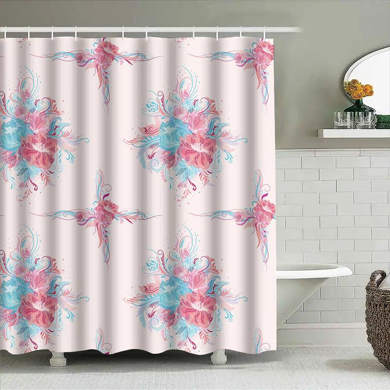 Beautiful Pink Blue Floral Print Shower Curtain Set Bathroom Decor Waterproof Fabric For Bathrooms