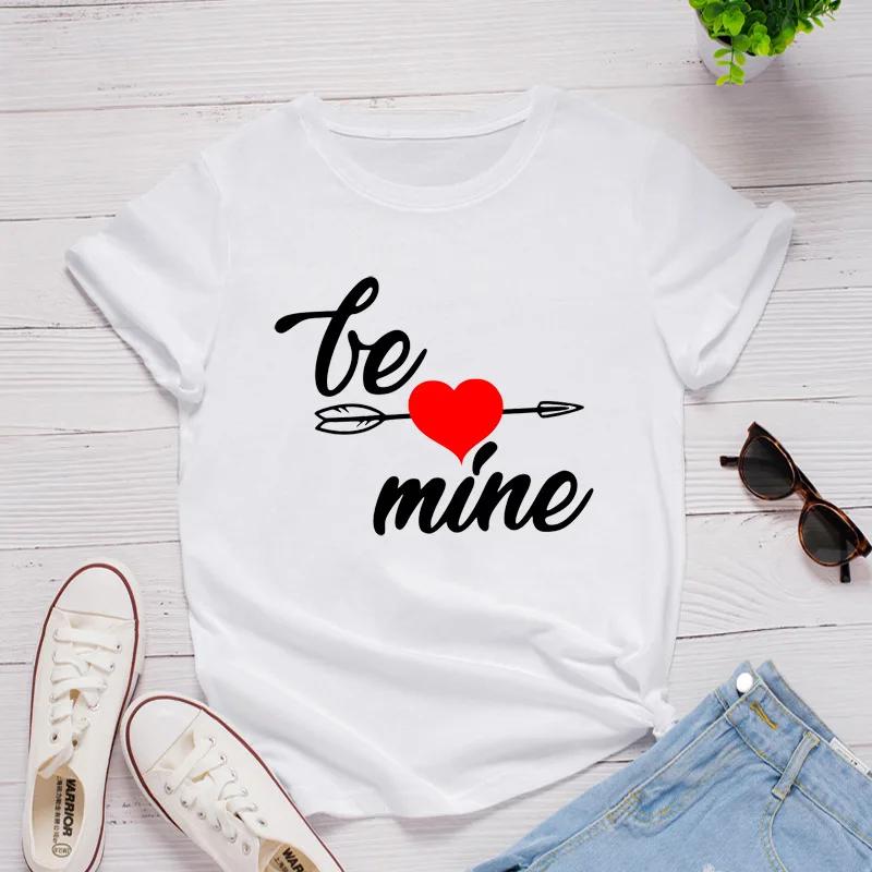 Be Mine Heart Print Women T Shirt Short Sleeve O Neck Loose Women Tshirt Ladies Tee Shirt Tops Clothes Camisetas Mujer