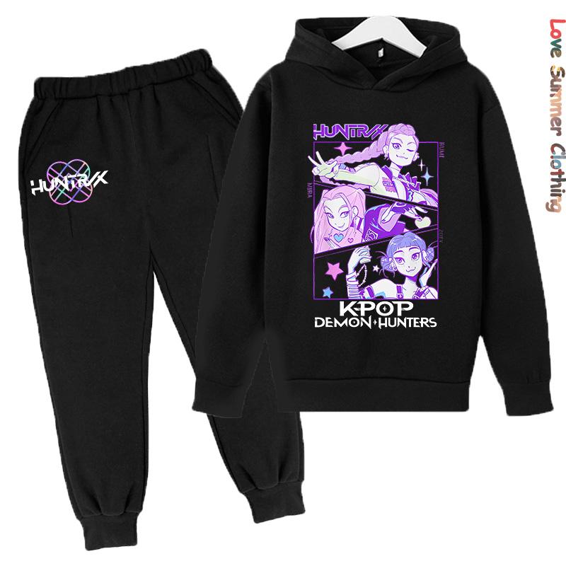 KPop Demon Hunters Girls Hoodie Tracksuit Character Hoodie HD Print Autumn Kids Hoodie Set Thin Fleece Hoodie Set Polyester