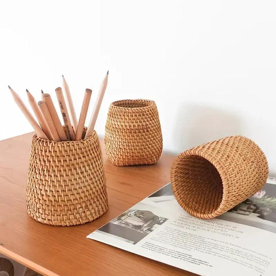 Weaving Pen Holder, Stationery And Makeup Pen Holder Paired With Desktop Tea Ceremony Storage Tube Rattan Weaving Pen Holder