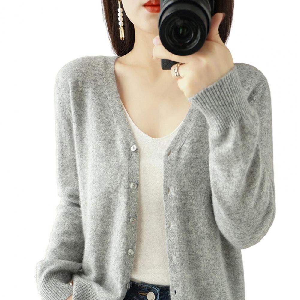 

Женский вязаный кардиган Стильный вязаный кардиган с V-образным вырезом и ребристыми манжетами для женщин Однотонный свитер с длинными рукавами на весну L серый