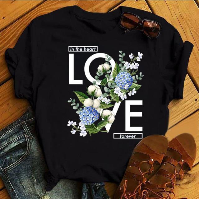 Fashion Women T Shirt Flower Printed T Shirt Casual Black Tops 90s Ladies Girl Tee Shirt Female Harajuku Graphic T -Shirt