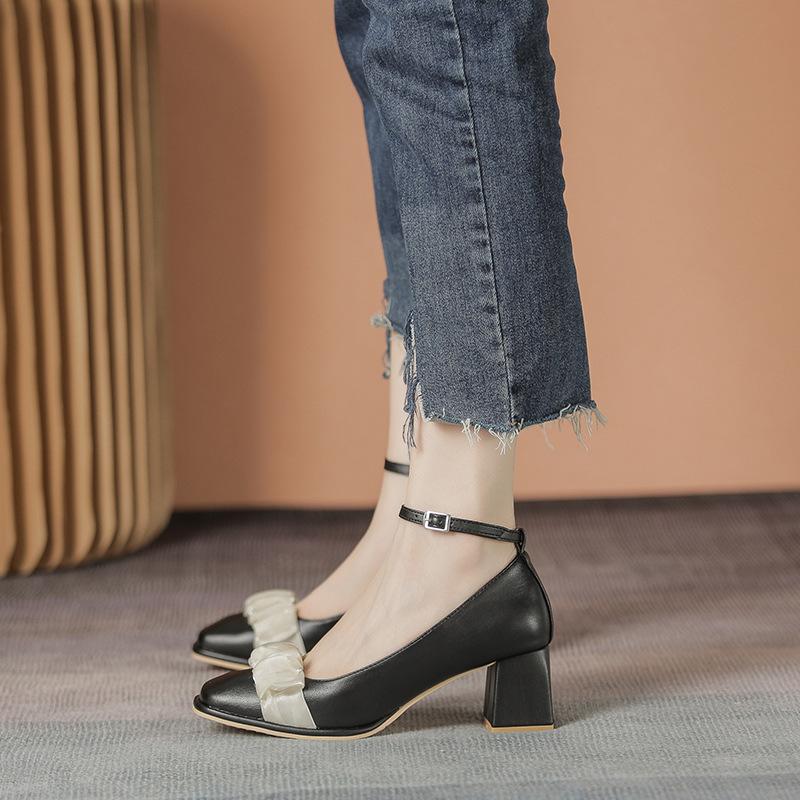 Leather flat for Huizhou women's shoes grape mother same high heels French new thick heel Mary Jane shoes women