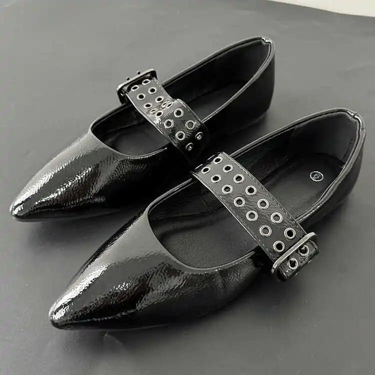 Pointed Toe Flats Shoes Women Pu Leather Fashion Buckle Strap Mary Janes Shoes Ladies Elegant Black Pumps Spring Footwear