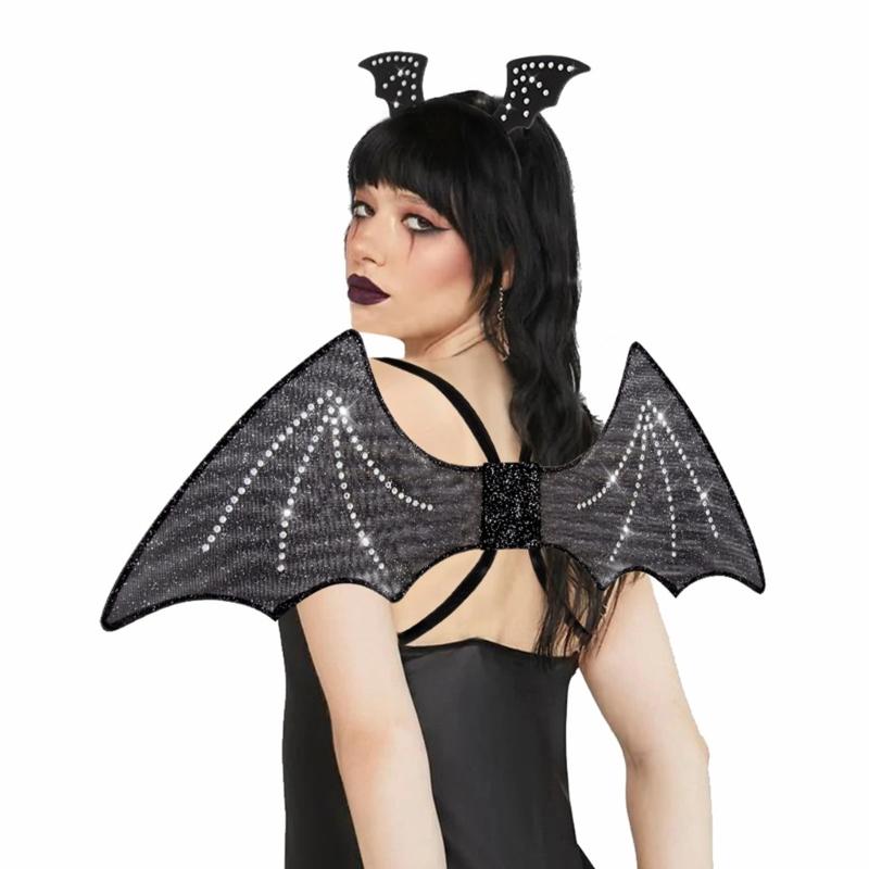 Halloween Wing Bats Wing with Headwear Set Vampires Costume Wing Bats Ears Headband Black Wing for Fancy Dress Parties