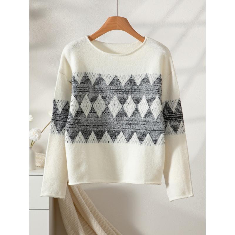 Autumn and Winter Women's Casual One-line Collar Pullover Sweater Contrasting Diamond Pattern Sweater Top