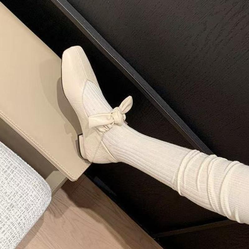 Mode Elegante Damen Schleife Quadratische Zehenpumps Bequeme Niedrige Absätze Süße Damenschuhe Rindspaltleder Flache Schuhe Slipper Loafer