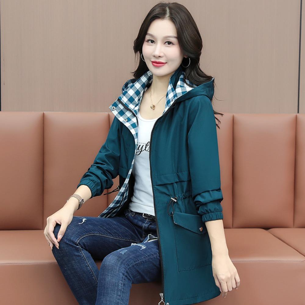 Women's Mid-Length Spring and Autumn Windbreaker – Waist-Designed Fashionable Hooded Plaid Jacket