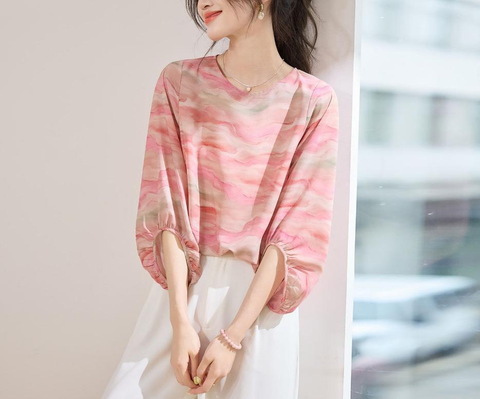 Summer new fashion light and cool smudged printed chiffon t-shirt women's slim shirt lantern sleeve top