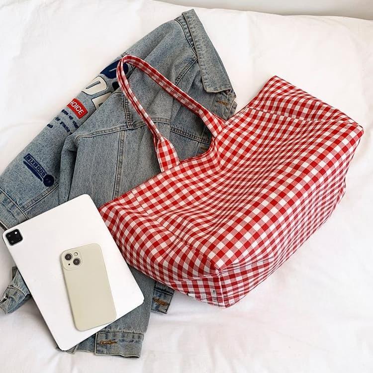 Contrast Color Plaid Shoulder Bag Large Capacity Tote Bag