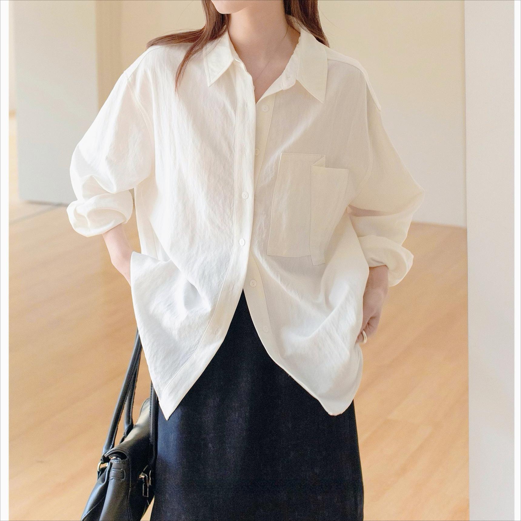 

Однотонная простая рубашка с лацканами, женская, весна-лето, новый повседневный топ с большим карманом и длинными рукавами XL