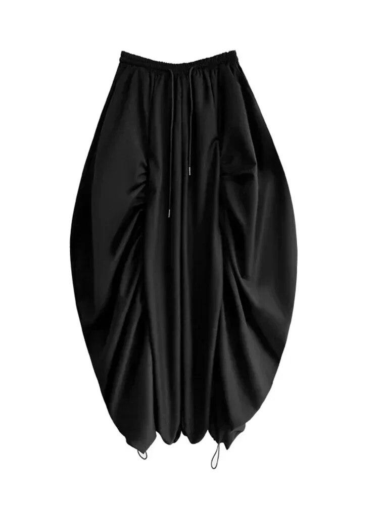 Xitao Folds Wide Leg Pants Black Personality Nepravidelné dámské kalhoty DMJ3090