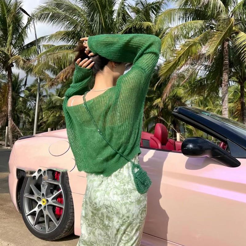 Women's Knitted Sweaters Thin See Through Casual Oversized Long Sleeve Sweater Lady Sexy Hollow Out Mesh Pullover Beach T-shirts