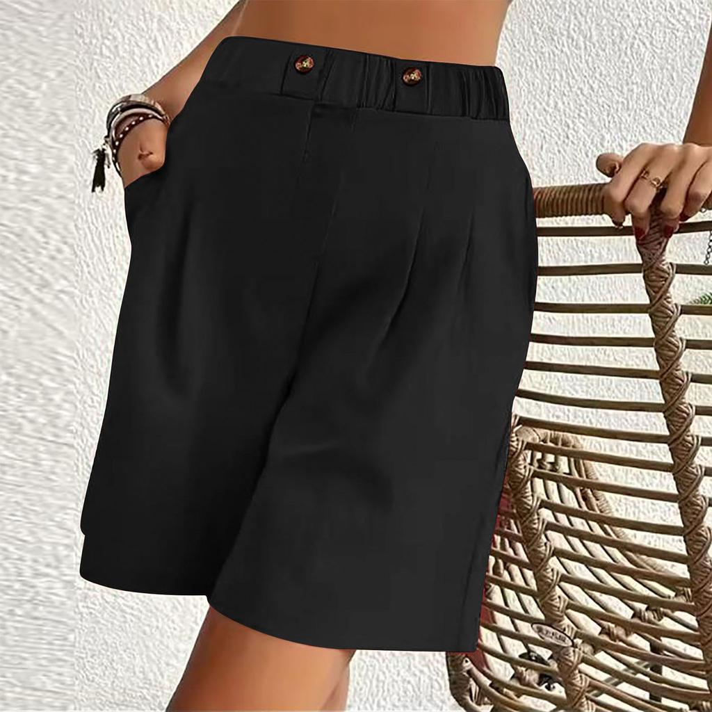 Women's Casual Loose Fit High Waist Shorts with Pockets Elastic Waistband Wide Leg Summer Bottoms