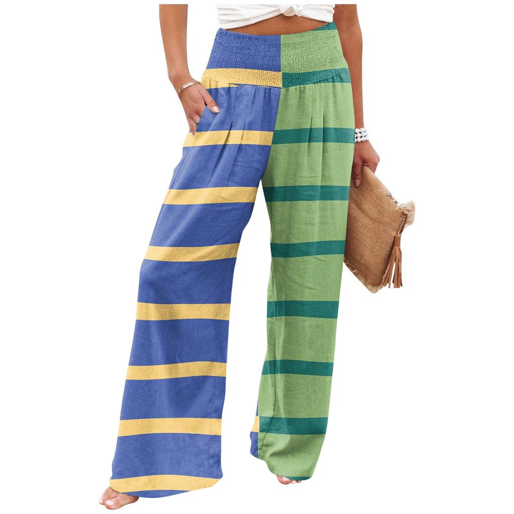 Women's Summer Elastic Waist Striped Printed Cotton And Linen Loose Trousers