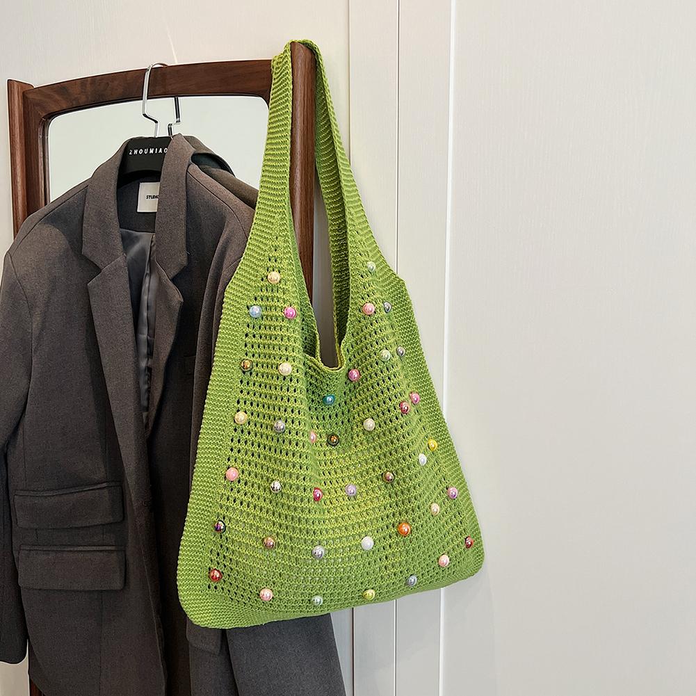 

Women Crochet Shoulder Bag Woven Hobo Bag with Colorful Pearls Simple Commuting Bag Fashion Tote Handbags Summer Beach Bag