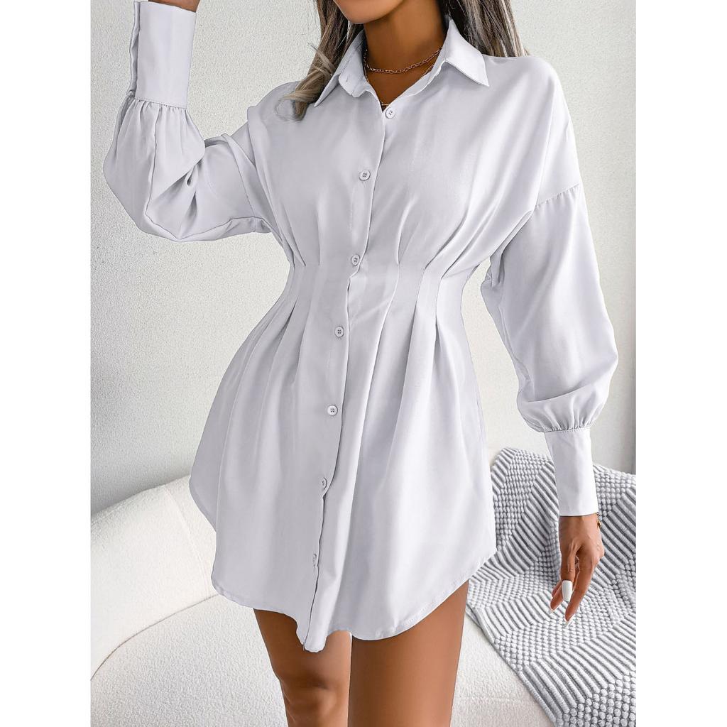 Women Casual Buttons Long Sleeve Shirt Dress Autumn Clothing White Blue Army Green
