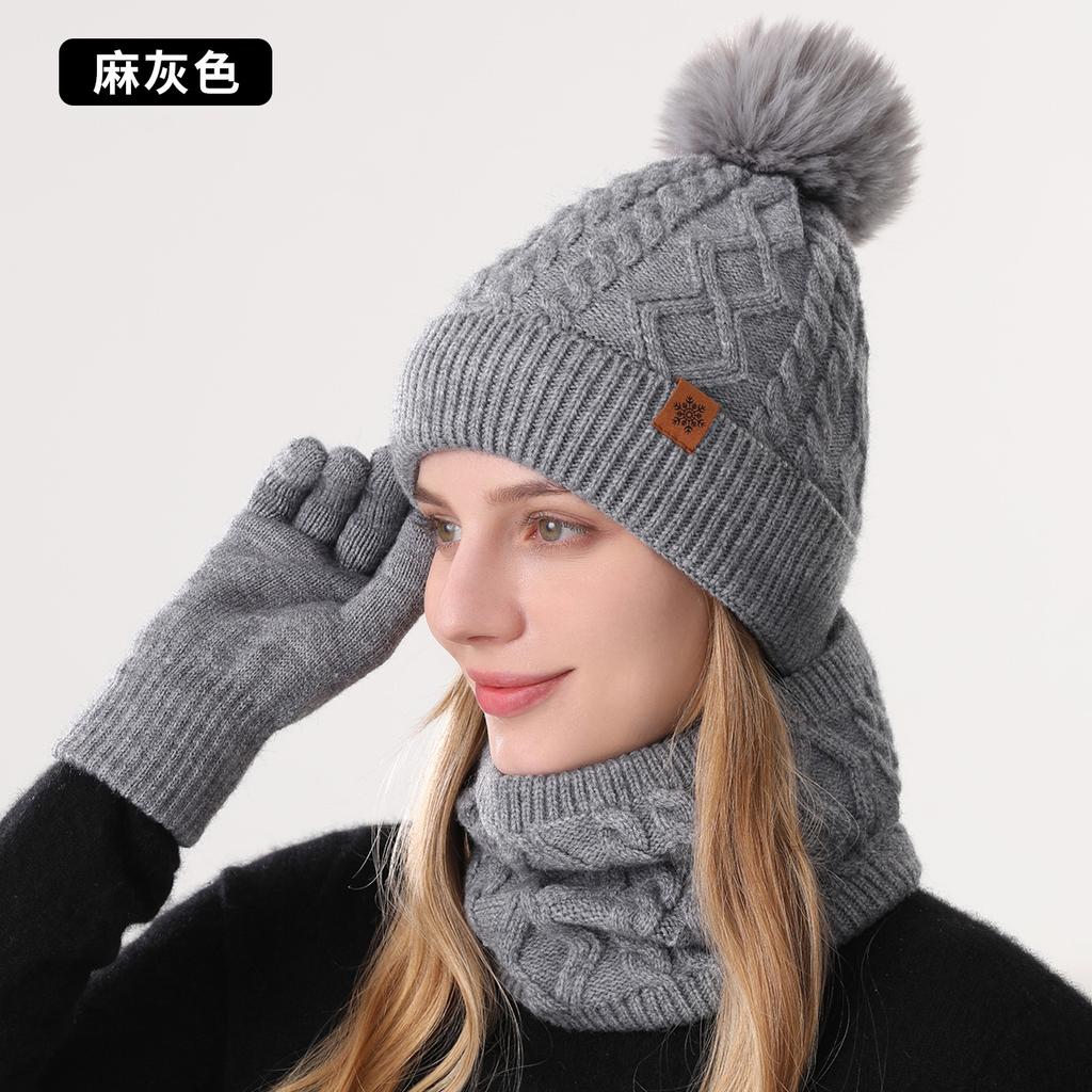 Hat, scarf and gloves three-piece set, winter outdoor riding scarf double-layer fleece and thicker, knitted hat