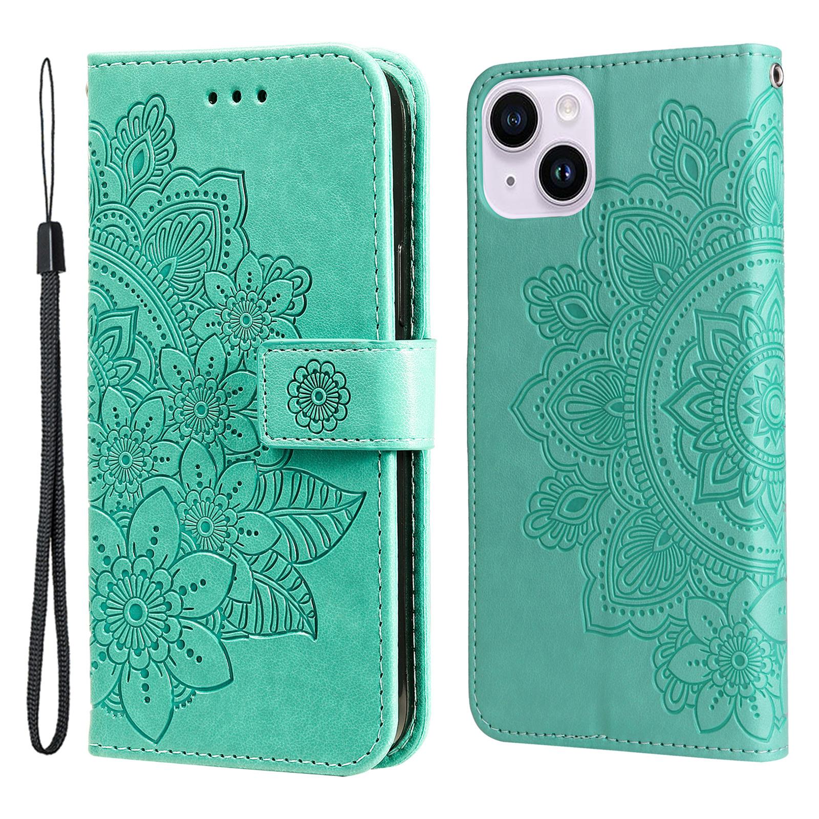 

For iPhone 15 Plus Case Floral Pattern PU Leather Wallet Stand Phone Cover Green