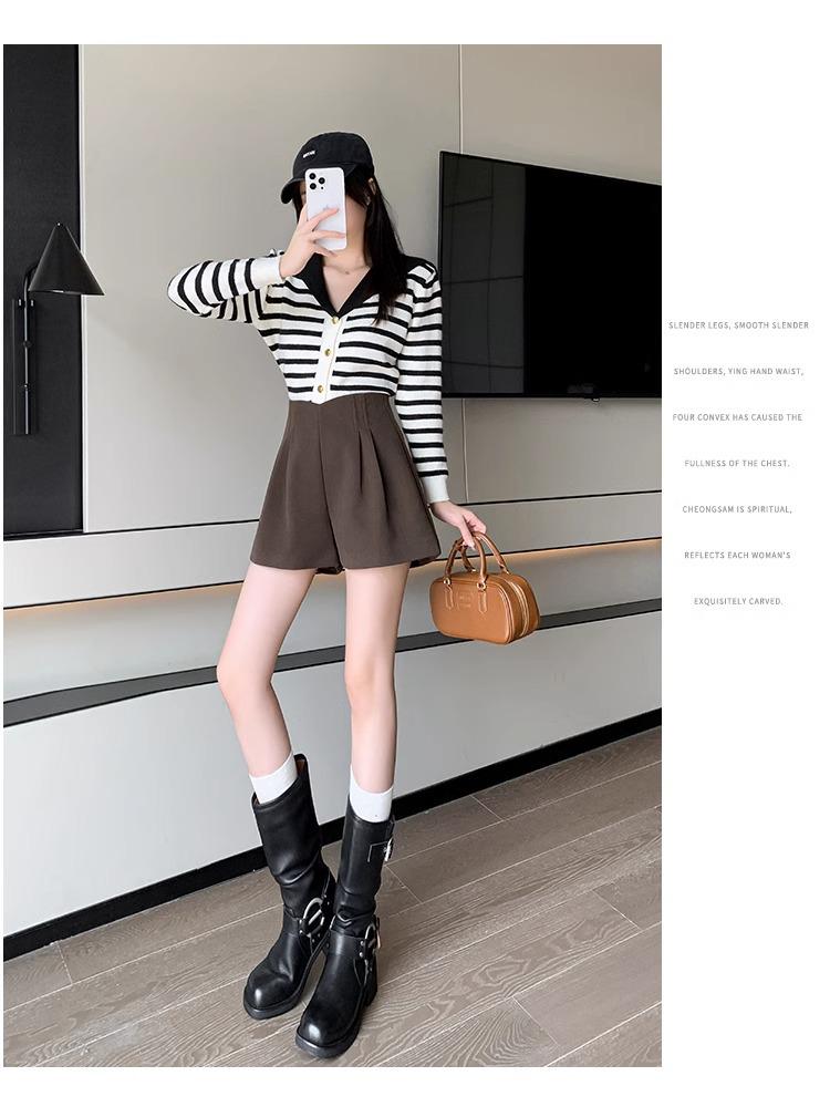 Women's High Waist Woolen Wide-Leg Shorts, Autumn/Winter 2024 Collection - Versatile Casual Wear, Available in Small to Plus Sizes.