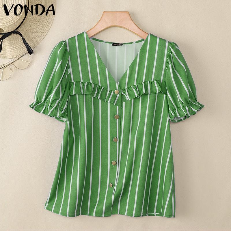 

VONDA Элегантная женская блузка с V-образным вырезом, короткими рукавами, в полоску, с оборками, повседневная 3XL