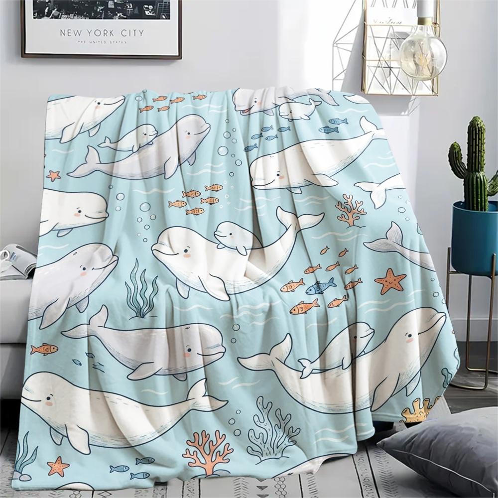 1PC Cute Marine Animals Print Flannel Blanket, High quality All Seasons, Home Decor, Warmth and Comfort, Perfect for Christmas Gifts