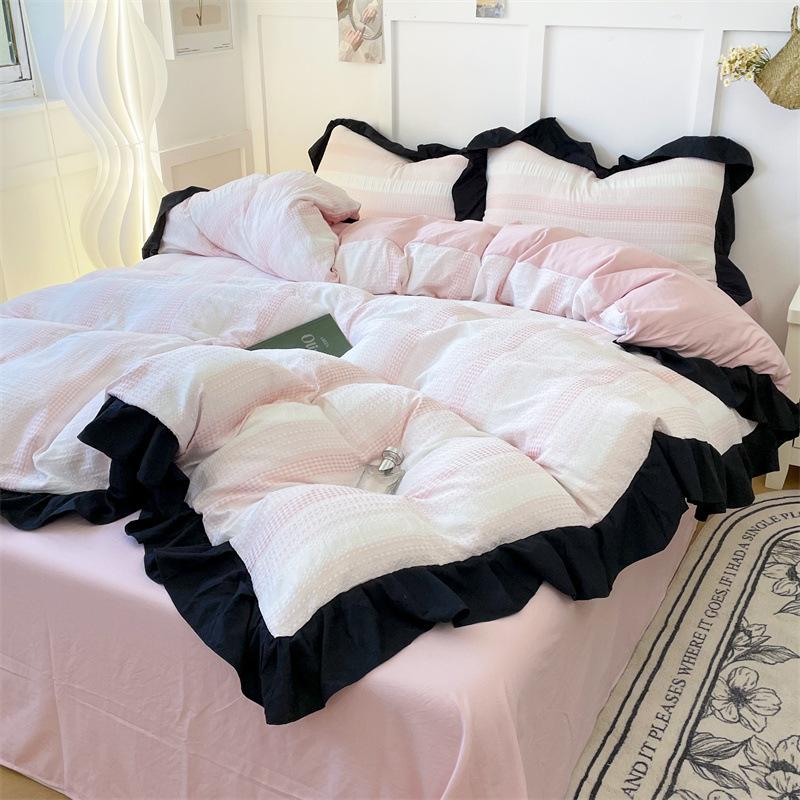 Washed Cotton Four-piece Set, Soft and Skin-friendly, Advanced Sense, Gradual Change of Color Ruffle Leaf Edge Quilt Cover