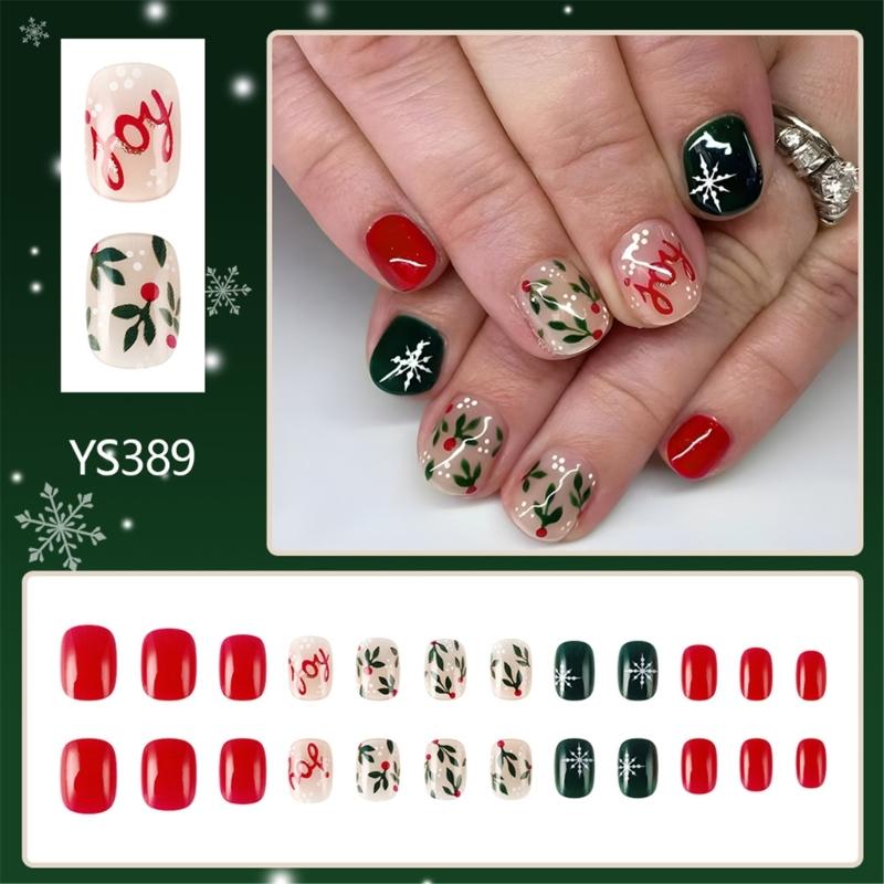 Christmas Artificial Nails Snowflake False Nails Full Cover Stick on Nails Short Square Press On Nails for Women Girls