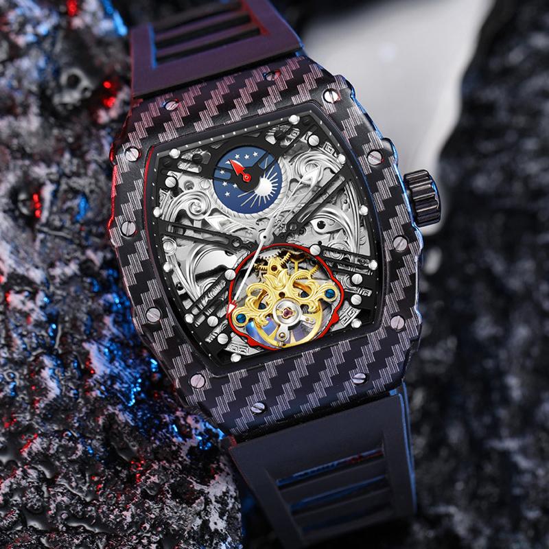 Tonneau Dial Men Automatic Mechanical Watch Skeleton Tourbillon Male Wristwatch Top Brand Luxury Rubber Strap Reloj Hombre