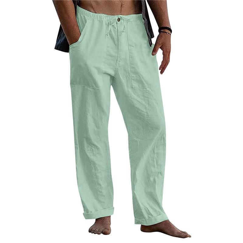 Men's Yoga Drawstring Elasticated Trousers Breathable Comfortable Loose Cotton Linen Pants Summer Beach