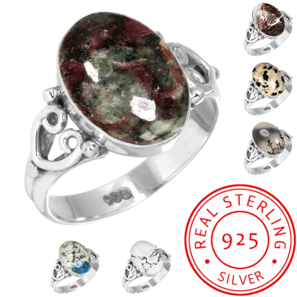 925 Sterling Silver Ring Women Gemstone Handmade Jewelry Engagement Gift Crazy Lace Agate Dalmatian Dendrite Opal Eudialyte Howlite K2 Jasper