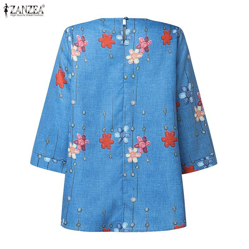 ZANZEA Women Casual Round Neck 3/4 Sleeve Loose Floral Print Blouse