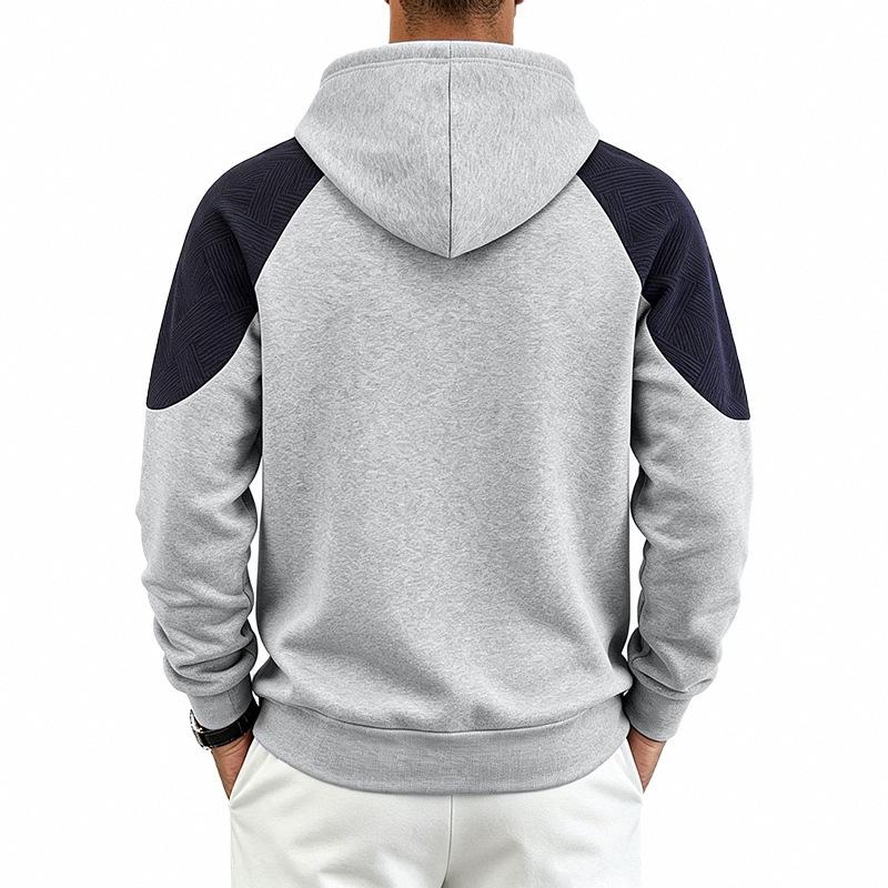Men's Color Block Raglan Hoodie, Contrast Spliced Textured Long Sleeve Drawstring Pullover Hooded Sweatshirt with Kangaroo Pocket
