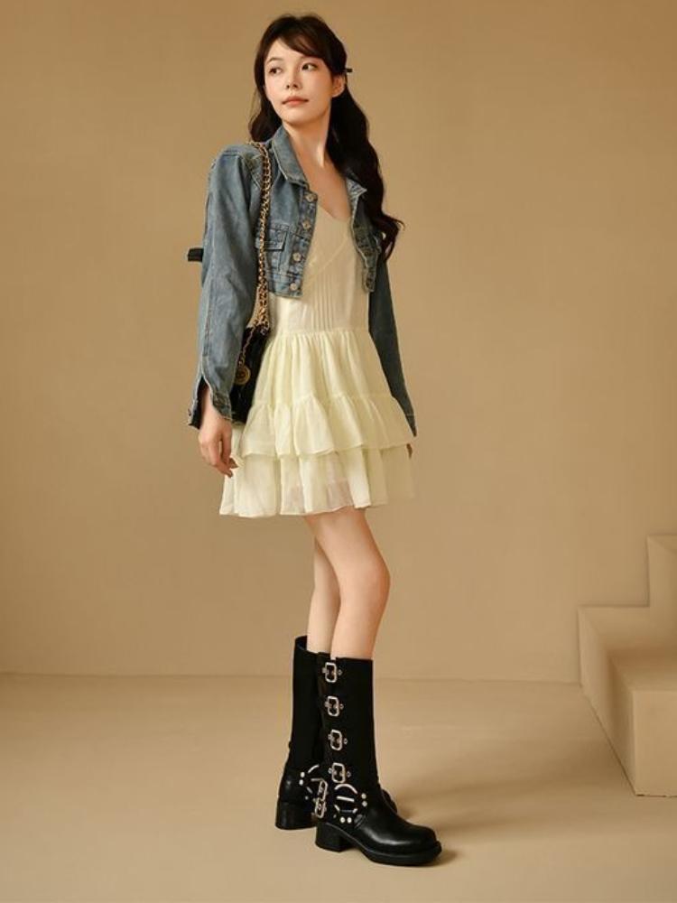 Fashion Square Toe Middle Heel Leather Women's Long Boots Autumn Winter Fleece-Lined Ladies Knee High Shaft Shoes Y2k Goth Footwear Sale