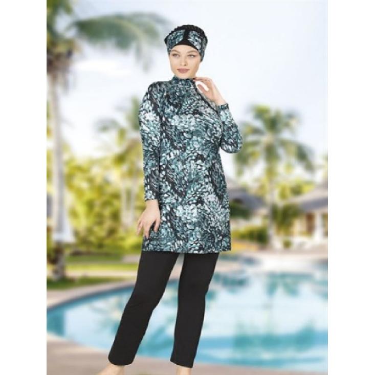 2-piece Muslim Women's Modest Tropical Rainforest Print Seaside Swimwear Full Coverage Swimsuit Set Beachwear Burkini Swimsuit Set (Without