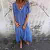 Womens Summer Maxi Dresses CV Neck Short Sleeve A-Line Dress Casual Solid Color Long Dress