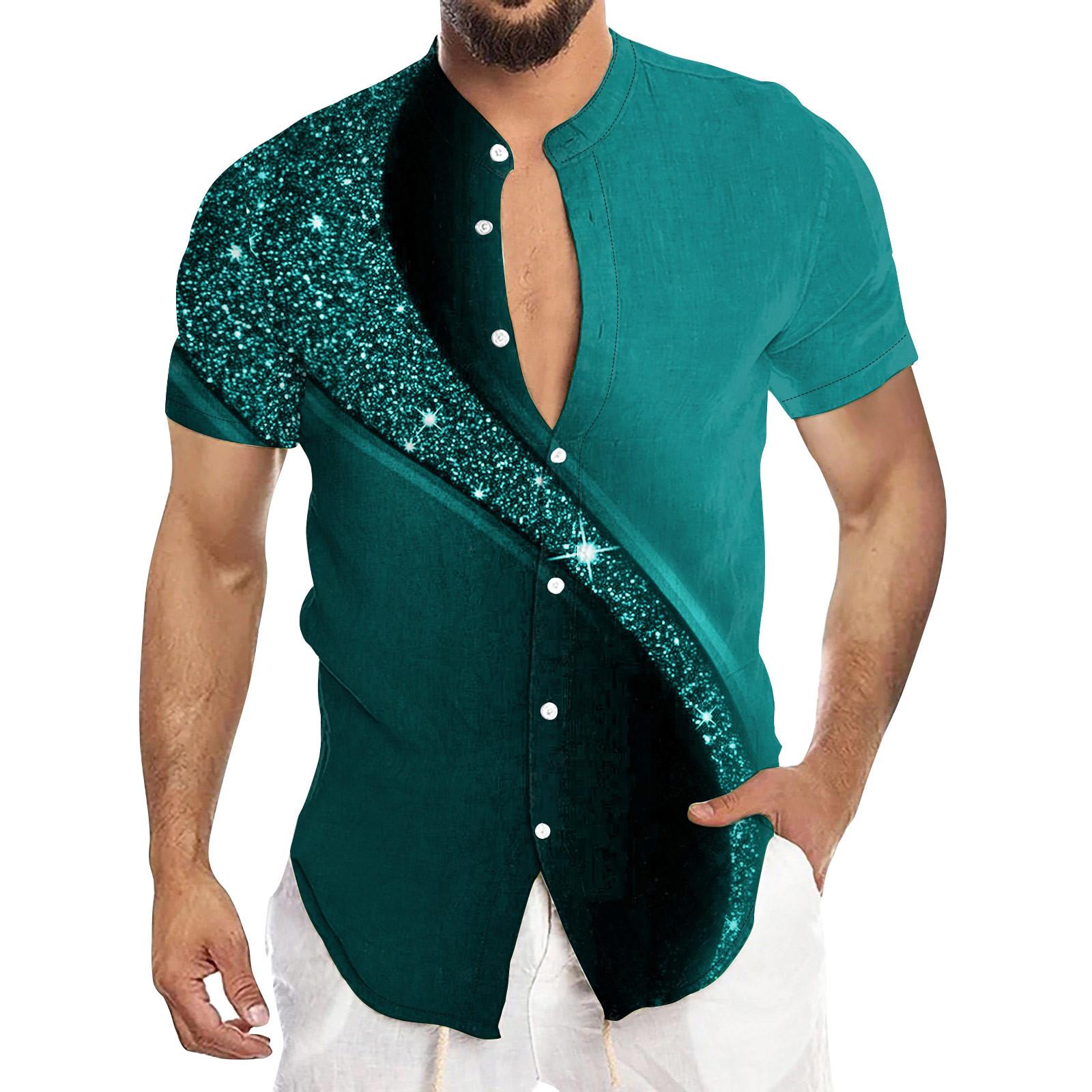 

Men S Casual Short Sleeved Shirt, Men S Standing Collar Fashionable Button Up Shirt L ціан