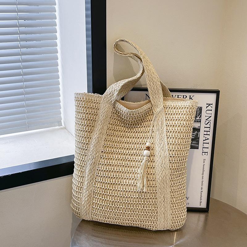 Summer Solid Color Woven Shoulder Bags for Women Large Capacity Ladies Straw Handbags Vacati Style Female Beach Tote Bag