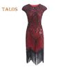 Vestito da sera vintage con paillettes da donna, senza maniche, scollo tondo, chiusura lampo posteriore, orlo con frange, a tubino, vestibilità aderente